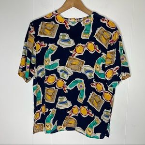 Vintage Galiuda Silk Blouse Novelty Voyage vacation print Sz M